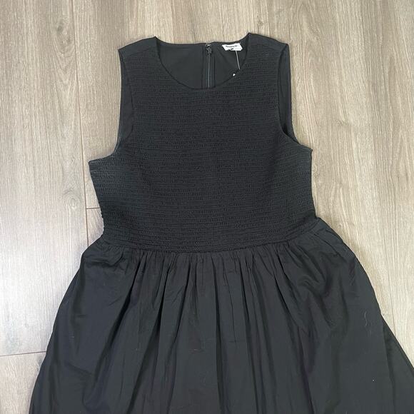 J Crew Flowy Smocked Sleeveless With Pockets Black Midi Dress US Women's L NEW - Picture 4 of 9